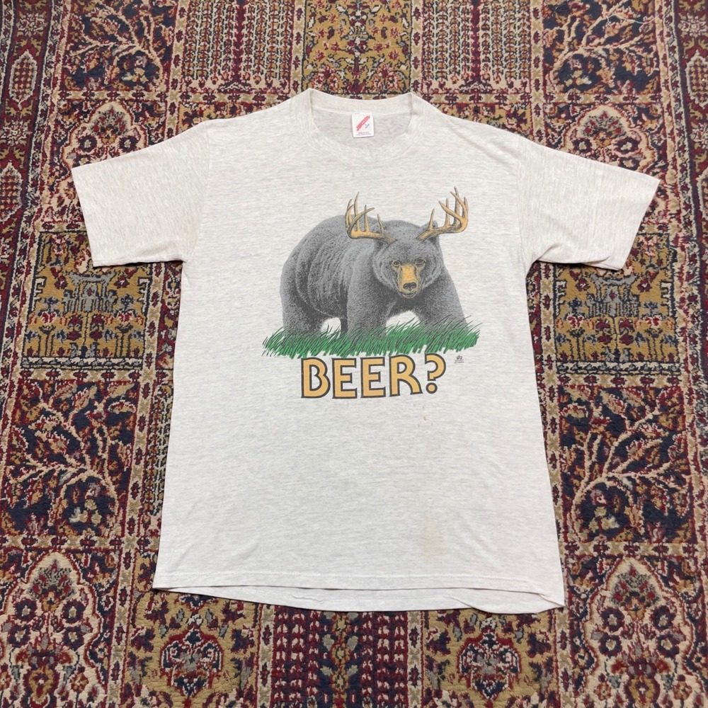 VTG 1985 Jerzees Beer? Bear Deer Antlers T-Shirt Large Gray Single Stitch USA